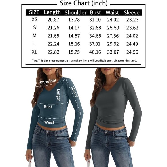 Women 2024 Fall Fashion V Neck Basics Crop Tops Layering Slim Fitted Y2K Tops - Picture 6 of 6